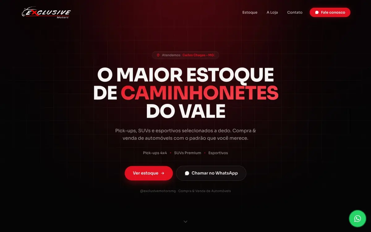 Primeira dobra do site Exclusive Motors