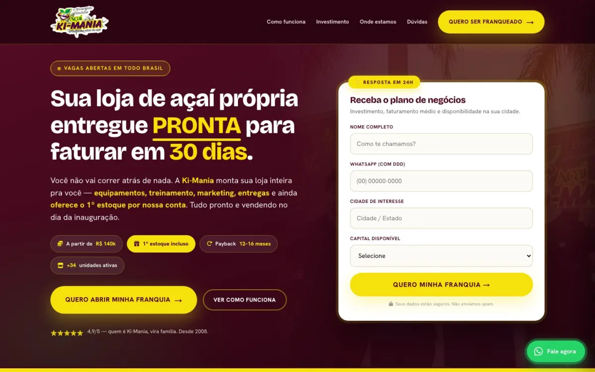 Primeira dobra do site Franquia Ki-Mania